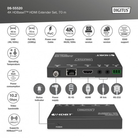 Przedłużacz/Extender HDMI 4K 30Hz 70m po skrętce Cat.6/7/8 HDBaseT HDCP2.2 IR RS232 PoC, zestaw Przedłużacz/Extender HDMI 4K 30Hz 70m po skrętce Cat.6/7/8 HDBaseT HDCP2.2 IR RS232 PoC, zestaw