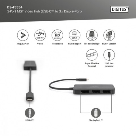 Hub/Koncentrator 3-portowy USB Typ C/3x DisplayPort 4K/60Hz HDR HDCP 2.2 MST
