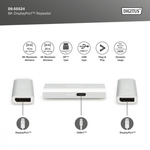 Wzmacniacz sygnału/Repeater DisplayPort 8K, 1 x 2