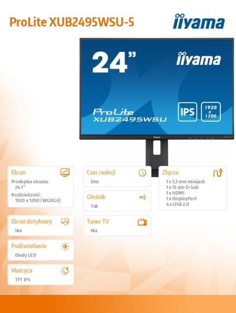 Monitor 24.1 cala XUB2495WSU-B5 IPS,16:10,HAS(150mm),4xUSB