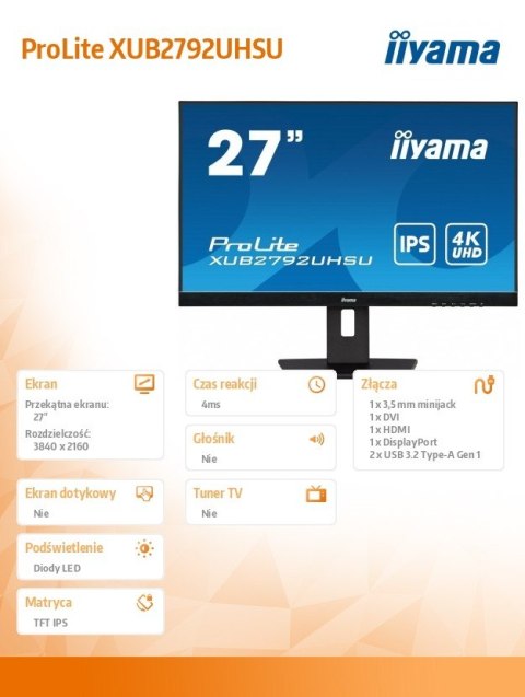 Monitor 27 cali XUB2792UHSU-B5 4K,IPS,DVI,DP,HDMI,PIP,250cd,USB3.0