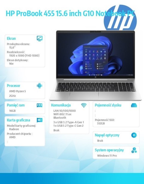 Notebook ProBook 455 G10 R5-7530U 512GB/16GB/W11P/15.6 85D56EA Notebook ProBook 455 G10 R5-7530U 512GB/16GB/W11P/15.6 85D56EA