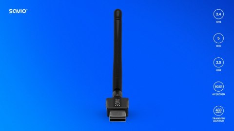 Karta sieciowa adapter Wi-Fi USB, 2.4 GHz / 5 GHz, 433 Mbps, AK-61 Karta sieciowa adapter Wi-Fi USB, 2.4 GHz / 5 GHz, 433 Mbps, AK-61