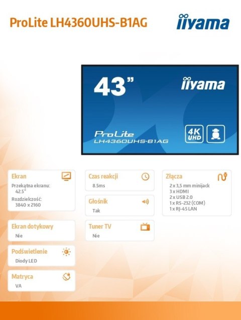 Monitor wielkoformatowy 43 cale LH4360UHS-B1AG matowy 24h/7 500(cd/m2) VA 3840 x 2160 UHD(4K) Android.11 Wifi CMS(iiSignage2) Monitor wielkoformatowy 43 cale LH4360UHS-B1AG matowy 24h/7 500(cd/m2) VA 3840 x 2160 UHD(4K) Android.11 Wifi CMS(iiSignage2)