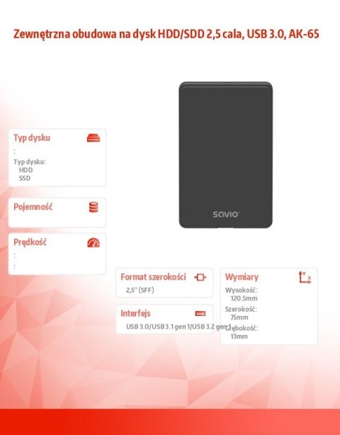 Zewnętrzna obudowa na dysk HDD/SDD 2,5 cala, USB 3.0, AK-65 Zewnętrzna obudowa na dysk HDD/SDD 2,5 cala, USB 3.0, AK-65