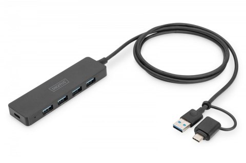 Hub USB 3.0/Koncentrator 4-portowy SlimLine USB A + adapter USB-C 1,2m 5Gbps, złącze zasilania USB-C Hub USB 3.0/Koncentrator 4-portowy SlimLine USB A + adapter USB-C 1,2m 5Gbps, złącze zasilania USB-C