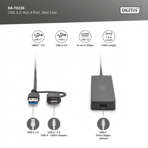 Hub USB 3.0/Koncentrator 4-portowy SlimLine USB A + adapter USB-C 1,2m 5Gbps, złącze zasilania USB-C Hub USB 3.0/Koncentrator 4-portowy SlimLine USB A + adapter USB-C 1,2m 5Gbps, złącze zasilania USB-C