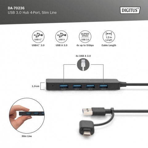 Hub USB 3.0/Koncentrator 4-portowy SlimLine USB A + adapter USB-C 1,2m 5Gbps, złącze zasilania USB-C Hub USB 3.0/Koncentrator 4-portowy SlimLine USB A + adapter USB-C 1,2m 5Gbps, złącze zasilania USB-C