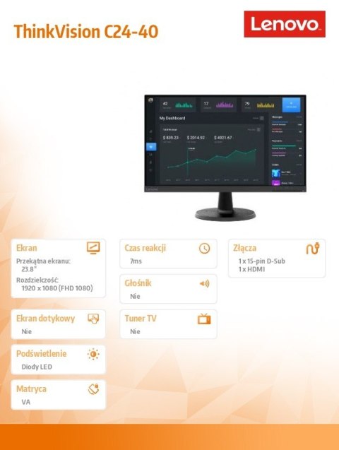 Monitor 23.8 cala ThinkVision C24-40 WLED 63DCKAT6EU Monitor 23.8 cala ThinkVision C24-40 WLED 63DCKAT6EU