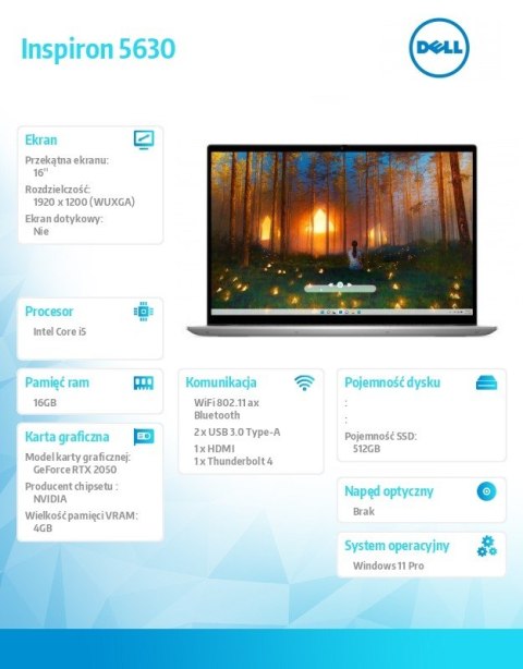 Notebook Inspiron 5630 Win11Pro i5-1340P/16.0 FHD+/512GB/16GB/RTX 2050/2Y NBD