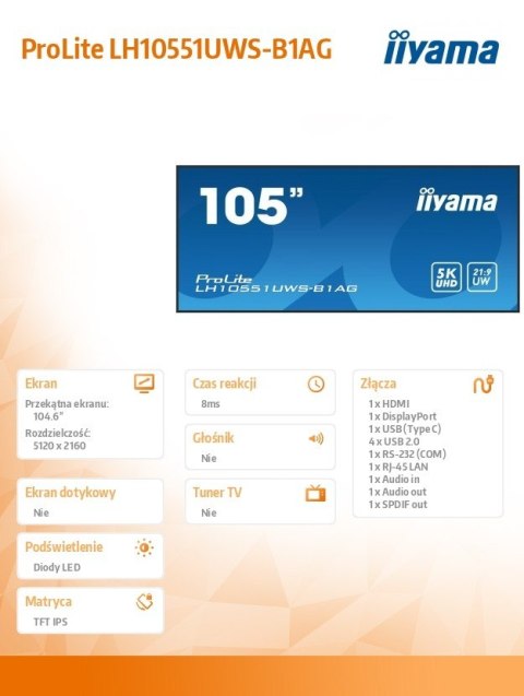 Monitor profesjonalny 104.7 cala LH10551UWS-B1AG 21:9,24/7,IPS,SLIM,USB-C, 2x10W, SLOT OPC,PION/POZIOM,DAISY CHAIN,4xUSB,HDMI,DP