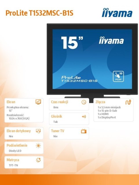 Monitor 15 cali T1532MSC-B1S POJ.10PKT.IP54,HDMI,DP,VGA,2x1W