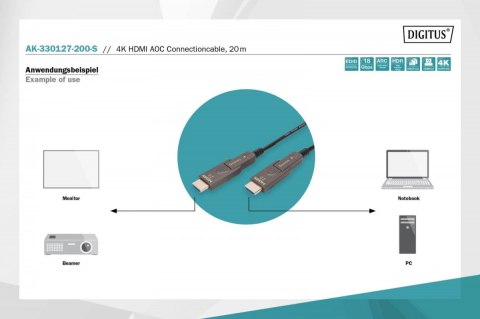 Kabel hybrydowy AOC HDMI 2.0 Premium High Speed Ethernet 4K60Hz UHD HDMI D/A HDMI D/A M/M z odłączanym wtykiem, 20m, Czarny