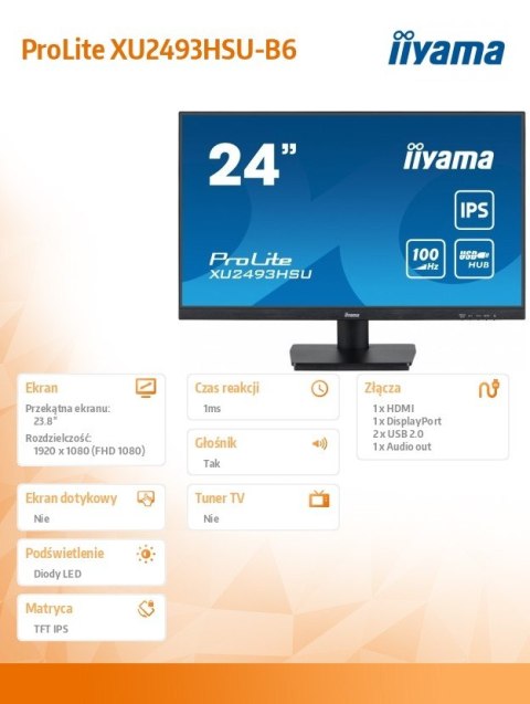 Monitor 23.8 cala ProLite XU2493HSU-B6 IPS.HDMI.DP.2x2W.USBx2.FHD.SLIM.100Hz