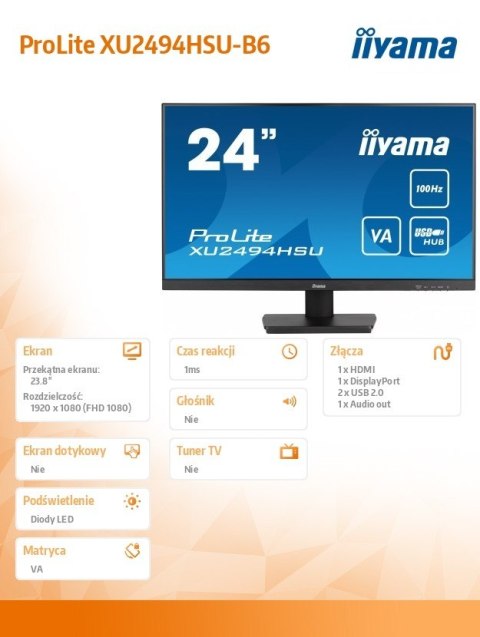Monitor 23.8 cala ProLite XU2494HSU-B6 VA,FHD,HDMI,DP,100Hz,USBx2,SLIM