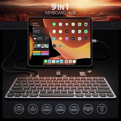HMC-KB-US Klawiatura USB-C 5Gbps z wieloportowy hub 9in1, SD/microSD, 3x USB-A, HDMI 4K/60Hz, PD 100W, Audio, US layout, 60cm US HMC-KB-US Klawiatura USB-C 5Gbps z wieloportowy hub 9in1, SD/microSD, 3x USB-A, HDMI 4K/60Hz, PD 100W, Audio, US layout, 60cm US
