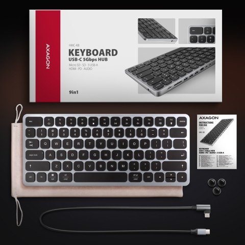 HMC-KB-US Klawiatura USB-C 5Gbps z wieloportowy hub 9in1, SD/microSD, 3x USB-A, HDMI 4K/60Hz, PD 100W, Audio, US layout, 60cm US HMC-KB-US Klawiatura USB-C 5Gbps z wieloportowy hub 9in1, SD/microSD, 3x USB-A, HDMI 4K/60Hz, PD 100W, Audio, US layout, 60cm US