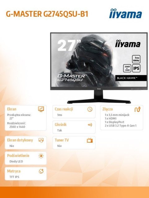 Monitor 27 cali G-Master G2745QSU-B1 IPS, QHD, 100Hz, 1ms, 2xUSB, 2x2W, FreeSync