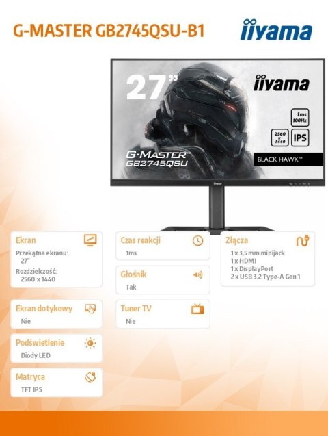 Monitor 27 cali G-Master GB2745QSU-B1 IPS,QHD,100Hz,1ms,2xUSB,2x2W,FreeSync, HAS(150mm)