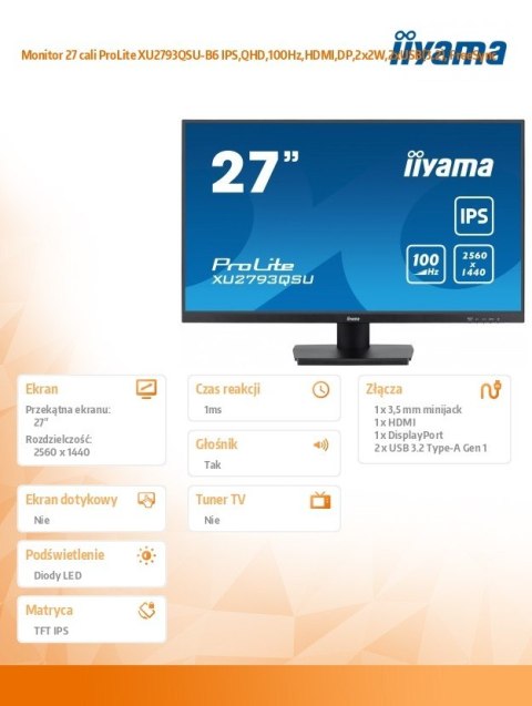Monitor 27 cali ProLite XU2793QSU-B6 IPS,QHD,100Hz,HDMI,DP,2x2W,2xUSB(3.2), FreeSync
