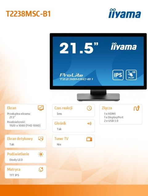 Monitor 22 cale T2238MSC-B1 IPS,FHD,DP,HDMI,2x2W,2xUSB,600(cd/m2), 10pkt.7H,IP1X(FRONT),PION/POZIOM