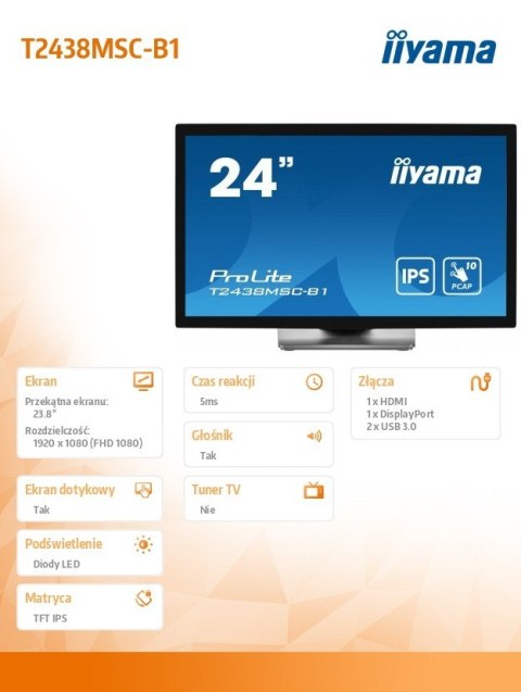 Monitor 24 cale T2438MSC-B1 IPS,FHD,DP,HDMI,2x2W,2xUSB,600(cd/m2), 10pkt.7H,IP1X(FRONT),PION/POZIOM