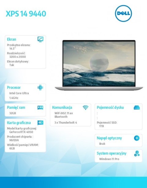Notebook XPS 14 9440/Ultra 7 155H/32GB/1TB SSD/14.5 3.5K Touch/GeForce RTX 4050/WLAN + BT/Backlit Kb/6 Cell/W11Pro/3YProSupport