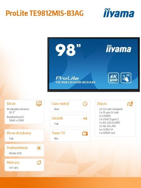 Monitor 97.5 cala ProLite TE9812MIS-B3AG,INFRARED,40pkt,IPS,4K, 24/7, 7H, WiFi,VGA, HDMI, USB-c, Bluetooth,metal,8ms, vesa, głoś