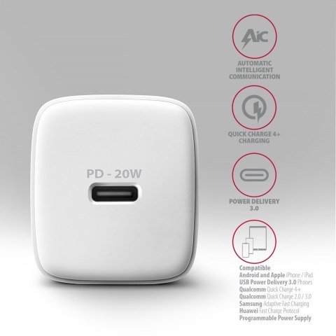 ACU-PD20W Ładowarka sieciowa PD 20W, 1x port USB-C, PD3.0/QC3.0/AFC/FCP/Apple Biała ACU-PD20W Ładowarka sieciowa PD 20W, 1x port USB-C, PD3.0/QC3.0/AFC/FCP/Apple Biała