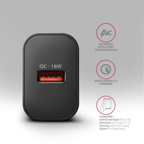 ACU-QC18 Ładowarka sieciowa QC 18W, 1x port USB-A, QC3.0/AFC/FCP/SMART Czarna ACU-QC18 Ładowarka sieciowa QC 18W, 1x port USB-A, QC3.0/AFC/FCP/SMART Czarna
