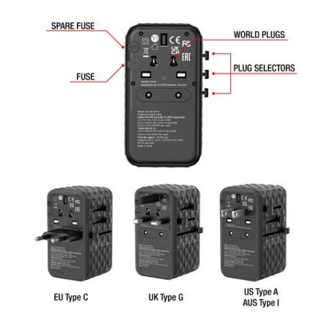 Adapter podróżny UTA-06 32121 ładowarka GaN PD 100W, QC 4+, 2x USB-C, 2x USB-A, 180 krajów