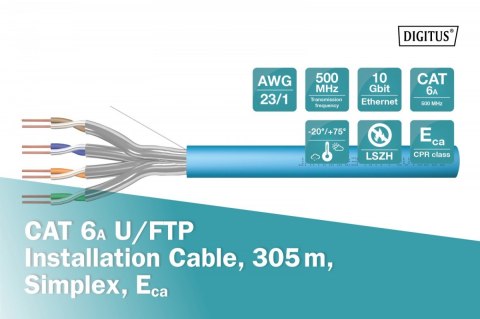 Kabel instalacyjny kat.6A, U/FTP, Eca, AWG 23/1, LSOH, 305m, karton, Niebieski