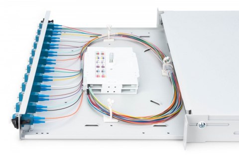 Przełącznica światłowodowa/panel krosowy z wyposażeniem 19 cali 1U, 12x LC duplex, OS2, zawiera pigtaile, adaptery, tacki, wysuw