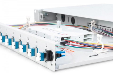 Przełącznica światłowodowa/panel krosowy z wyposażeniem 19 cali 1U, 12x LC duplex, OS2, zawiera pigtaile, adaptery, tacki, wysuw