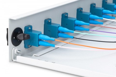 Przełącznica światłowodowa/panel krosowy z wyposażeniem 19 cali 1U, 12x LC duplex, OS2, zawiera pigtaile, adaptery, tacki, wysuw