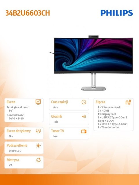 Monitor 34B2U6603CH 34 cale Curved VA HDMIx2 DP HAS Thunderbolt RJ45 Monitor 34B2U6603CH 34 cale Curved VA HDMIx2 DP HAS Thunderbolt RJ45
