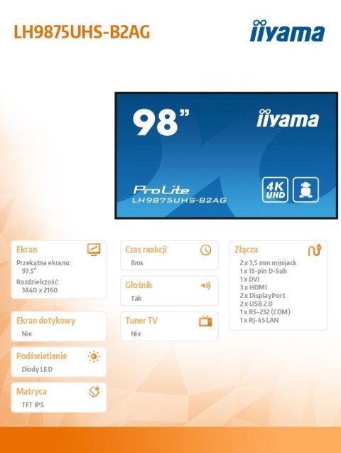 Monitor 98 cali LH9875UHS-B2AG,24/7,IPS,ANDROID.11,4K,3xHDMI,DP,RJ45, VGA,DVI,2xUSB