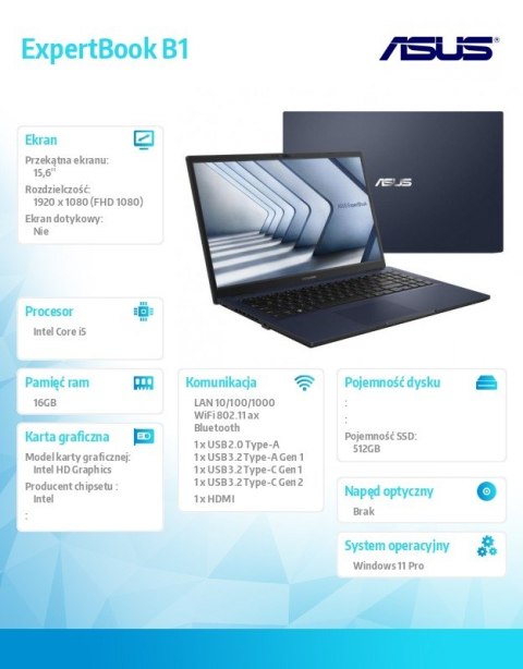 Notebook ExpertBook B1 B1502CVA-BQ0110X16 i5-1335U/16GB/512GB/15.6 FHD/Win 11 PRO/3YRS