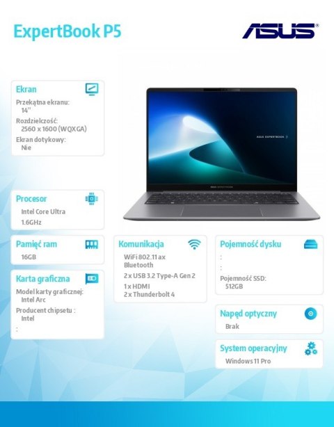 Notebook P5405CSA-NZ0236X ultra 5 226 14 cali/16GB/512GB/ Win 11 PRO/3YRS Copilot+PC