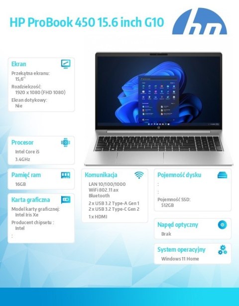 Notebook 450 G10 i5-1334U 16GB/512GB/15.6 cali FHD/Win11Home/ AD1G7ET