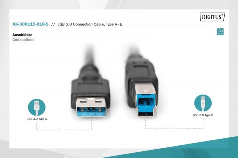 Kabel połączeniowy USB 3.0 typ USB A/USB B M/M, 1.8m, czarny Kabel połączeniowy USB 3.0 typ USB A/USB B M/M, 1.8m, czarny