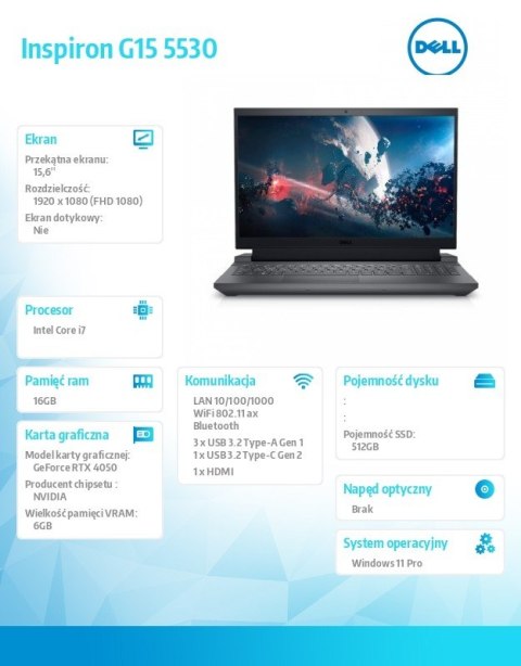 Notebook G15 5530 Win11Pro i7-13650HX/16GB/512GB SSD/15.6 FHD 165Hz/GeForce RTX 4050/Cam & Mic/WLAN + BT/Backlit Kb/6 Cell/3Y Ba
