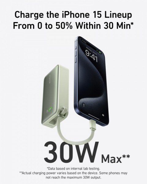 Powerbank 545 NANO 30W 10000mAh z wbudowanym kablem USB-C, zielony Powerbank 545 NANO 30W 10000mAh z wbudowanym kablem USB-C, zielony