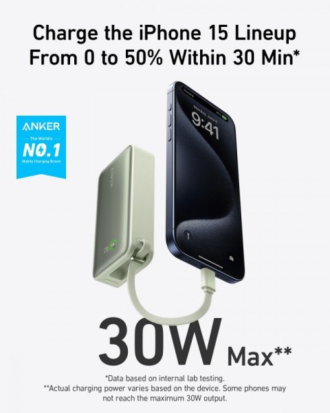 Powerbank 545 NANO 30W 10000mAh z wbudowanym kablem USB-C, zielony Powerbank 545 NANO 30W 10000mAh z wbudowanym kablem USB-C, zielony