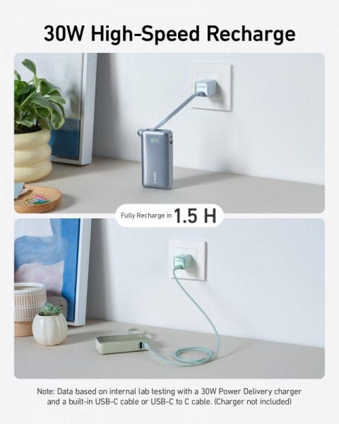 Powerbank 545 NANO 30W 10000mAh z wbudowanym kablem USB-C, zielony Powerbank 545 NANO 30W 10000mAh z wbudowanym kablem USB-C, zielony