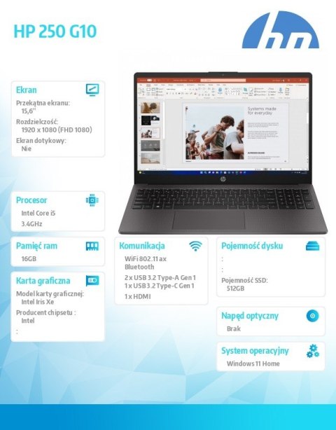 Notebook 250 G10 i5-1334U 512GB/16GB/Win11Home B39RMAT