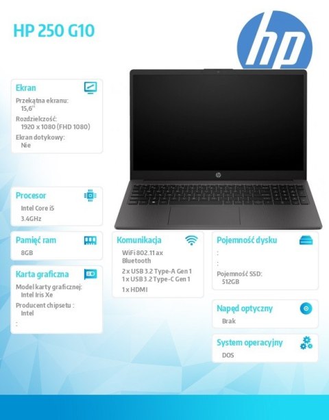 Notebook 250 G10 i5-1334U DOS 512GB/8GB/15.6 cali AK9P9AT#ABB