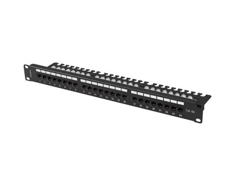 Patch panel 24 porty 1U 19 cali kat.6A UTP z organizerem kablowym, czarny