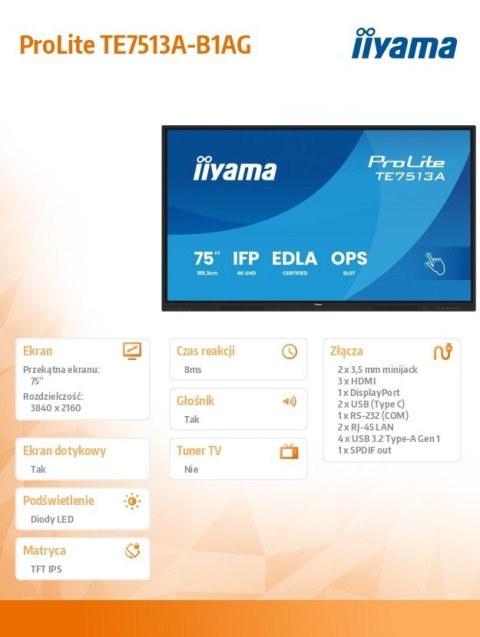 Monitor 75 cali TE7513A-B1AG INFRARED, 40pkt, IPS, 4K, 7H, 450cd/m2, WiFi, USB, ANDROID 14, Google EDLA, 2x20W, uchwyt ścienny Monitor 75 cali TE7513A-B1AG INFRARED, 40pkt, IPS, 4K, 7H, 450cd/m2, WiFi, USB, ANDROID 14, Google EDLA, 2x20W, uchwyt ścienny