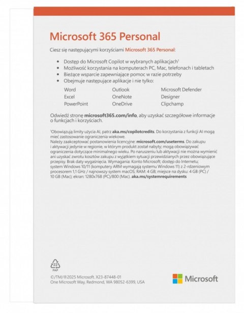M365 Personal PL 1Y 1U 5D Win/Mac EP2-32454 Zastępuje P/N: QQ2-01752
